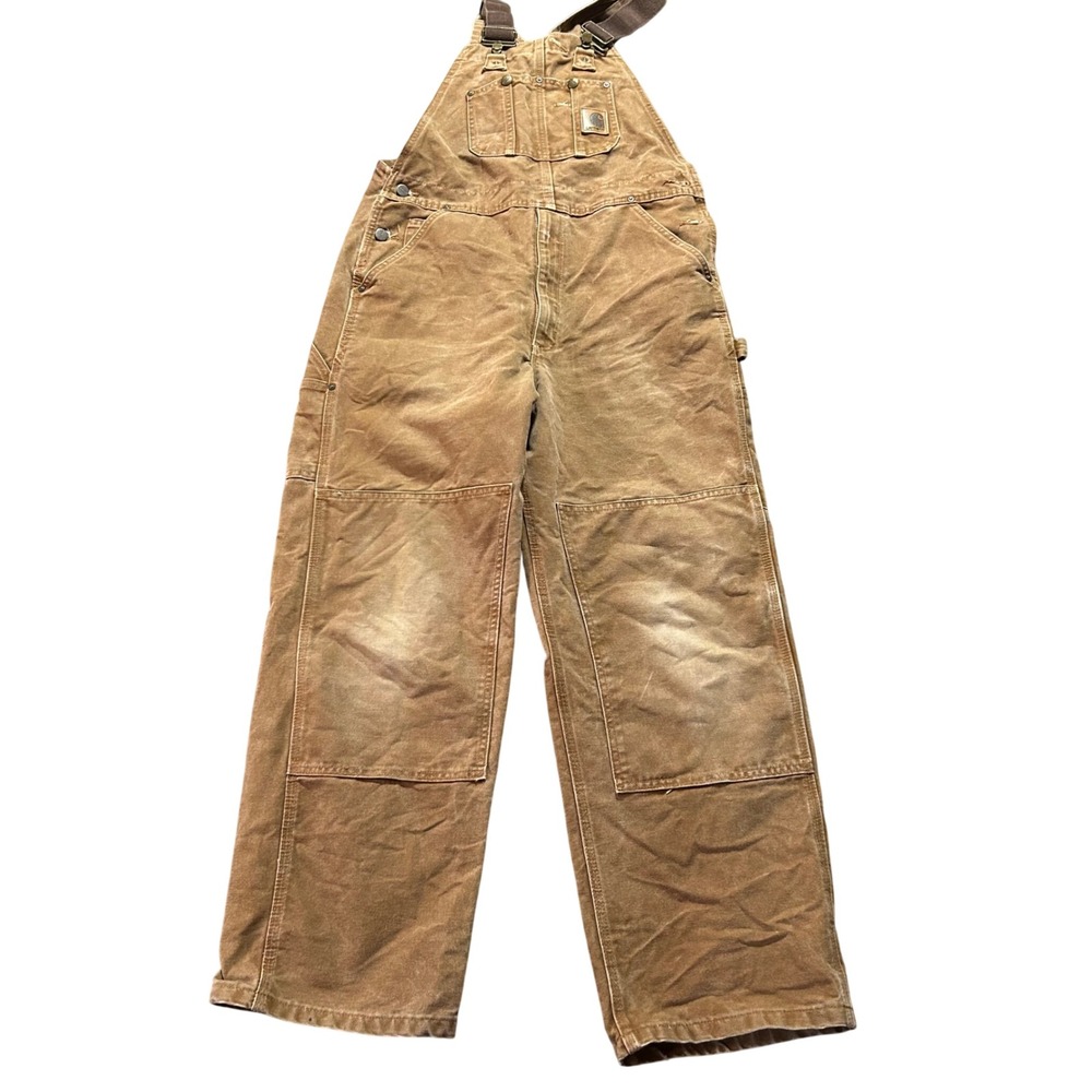 Carhartt Bib Overalls Mens 38x30 Brown Double Knee Duck Canvas Workwear R01